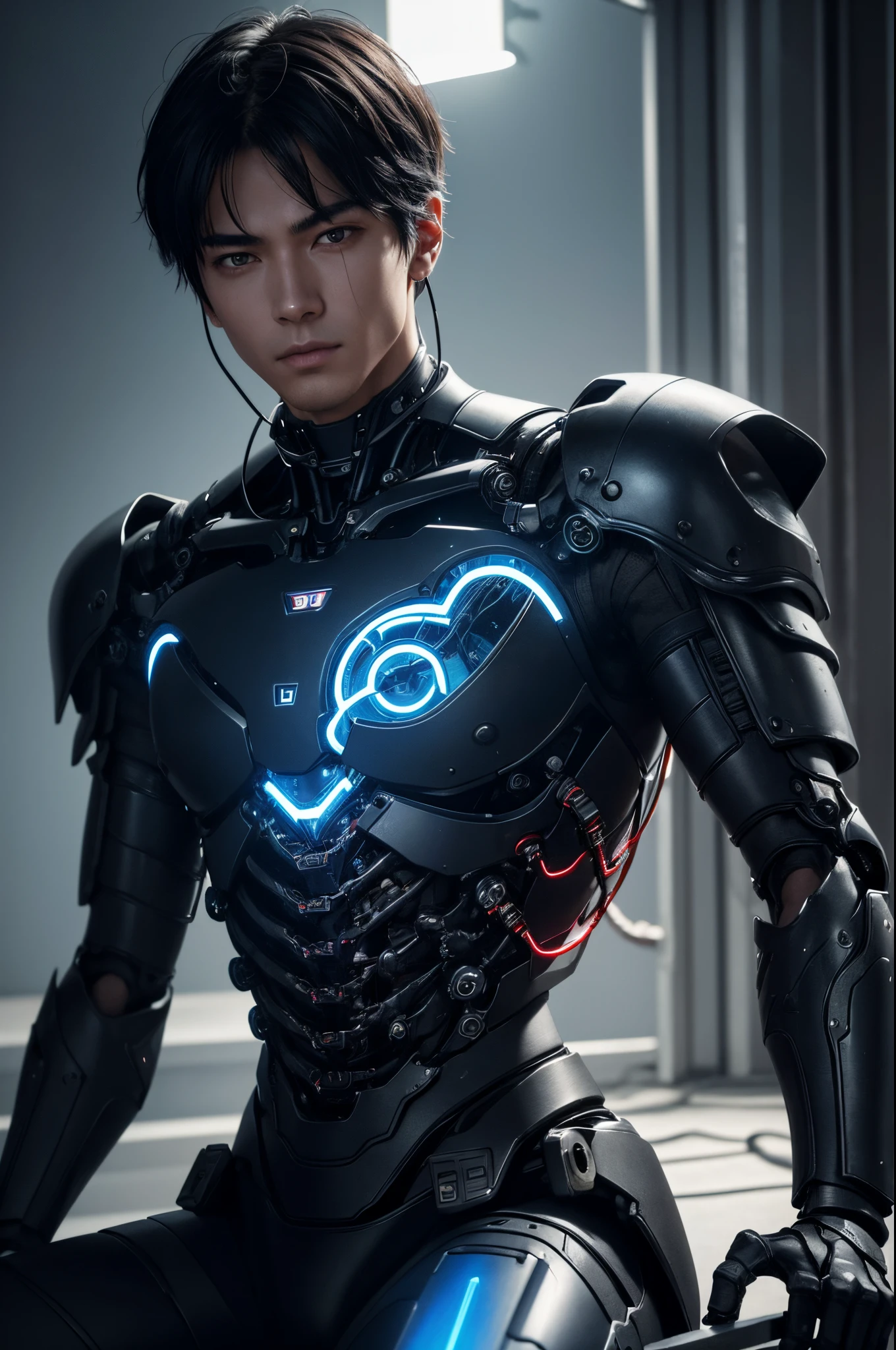 8K,hanging upper body,1 Mechanical Boy、((super realistic details))、Short-haired black hair,Handsome boy,portlate、globalillumination、Shadow、octan render、8K、ultrasharp、metals、Details of complex ornaments、cold color、Egyptian Detail、highly intricate detail、Realistic light、CGSoation Trends、radiant eyes、Facing the camera、neon details、Mechanical limbs、blood vessels connected to tubes、Mechanical vertebrae attached to the back、mechanical cervical attaching to neck、sitting on、Wires and cables connecting to the head,超A high resolution,A hyper-realistic,The exposed heart of the machine(blue led effect)to be continued,one bare arm,stripped armor,Bare skeleton,Glowing camera eye(Red effect)