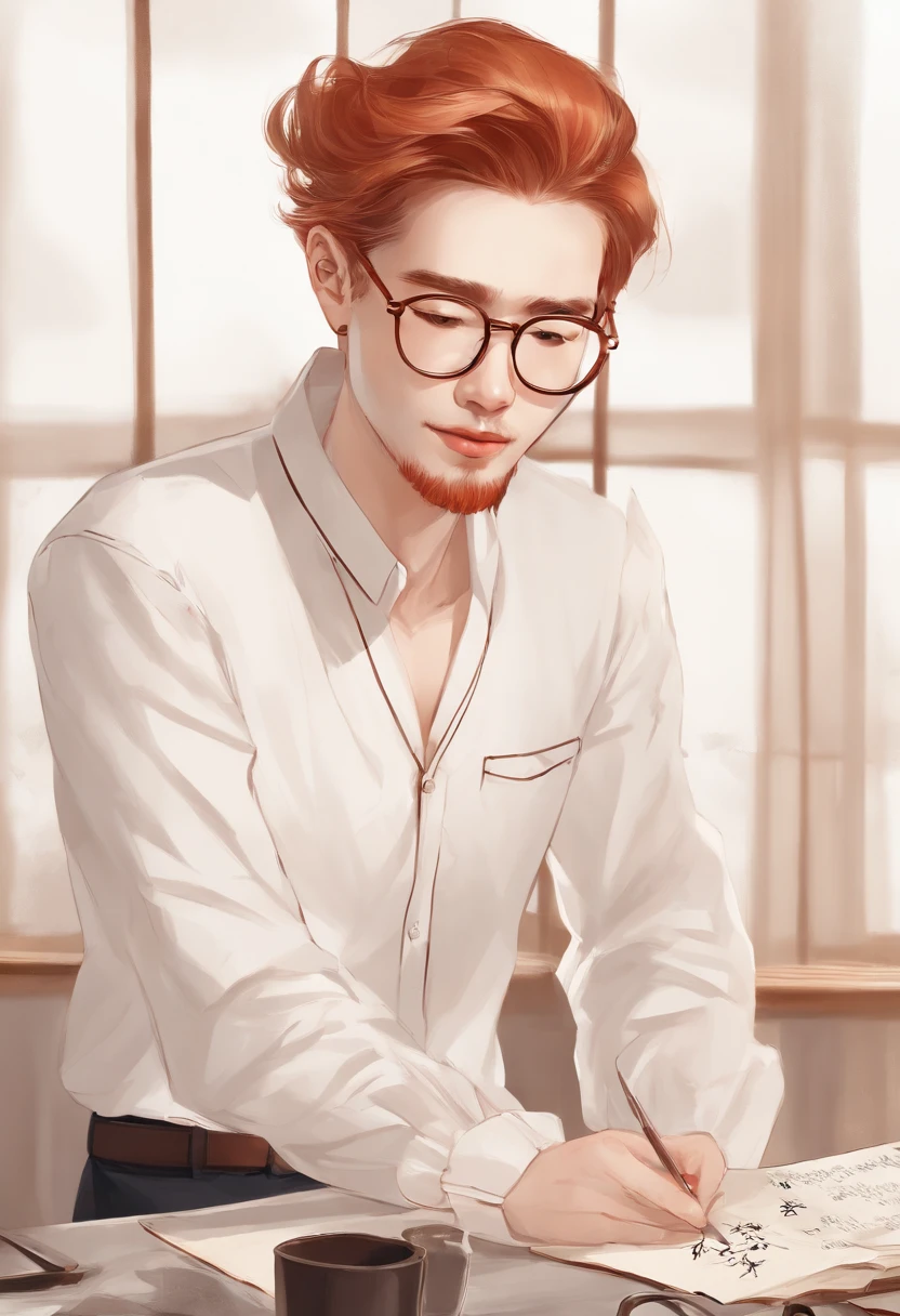 A photo of a person practicing calligraphy with a traditional ink brush on rice paper,original,Appearance:[male, red hair, red beard, brown eyes, pale skin, square-framed glasses, button-up shirts, dress slacks, Scandinavian in appearance, thin, slender, tall]
Alternate:[male, red hair, red beard, brown eyes, pale skin, square-framed glasses, V-neck T Shirts, athletic pants, Scandinavian in appearance, thin, slender, tall]
Alternate:[male, red hair, red beard, brown eyes, pale skin, square-framed glasses, sweaters, jeans, Scandinavian in appearance, thin, slender, tall]
, male