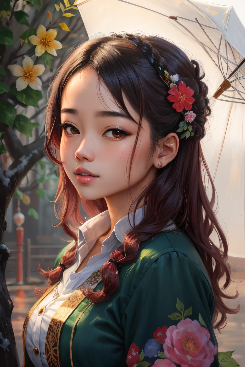 menina maravilhosa, Japanese face, menina japonesa, nariz afiado, coroa rosa, caucasiano, 20 anos de idade, olhar bonito, vestido detalhado, cabelo detalhado, ultra foco, rosto iluminado, rosto detalhado, 8K分辨率, pintado, oil-painting, heavy strokes, decote