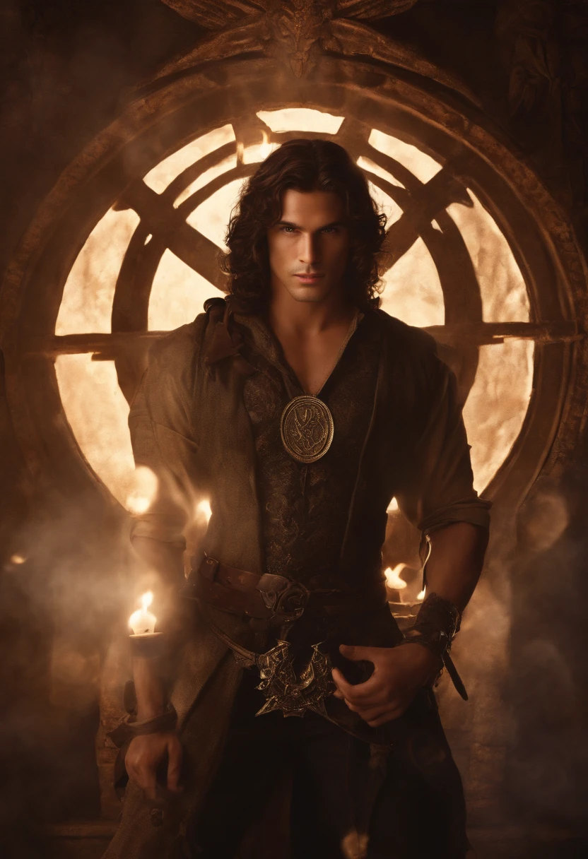 A photo of an ancient, weathered pentagram inscribed with dark, foreboding symbols and encircled by flickering candlelight.,original,Sebastian Sallow is a male of average height with bronze brown hair and brown eyes. His skin is slightly tanned and covered in freckles. He has an oval face and is almost constantly smiling. He has full lips and thick brows. His body is lean but still soft. , male