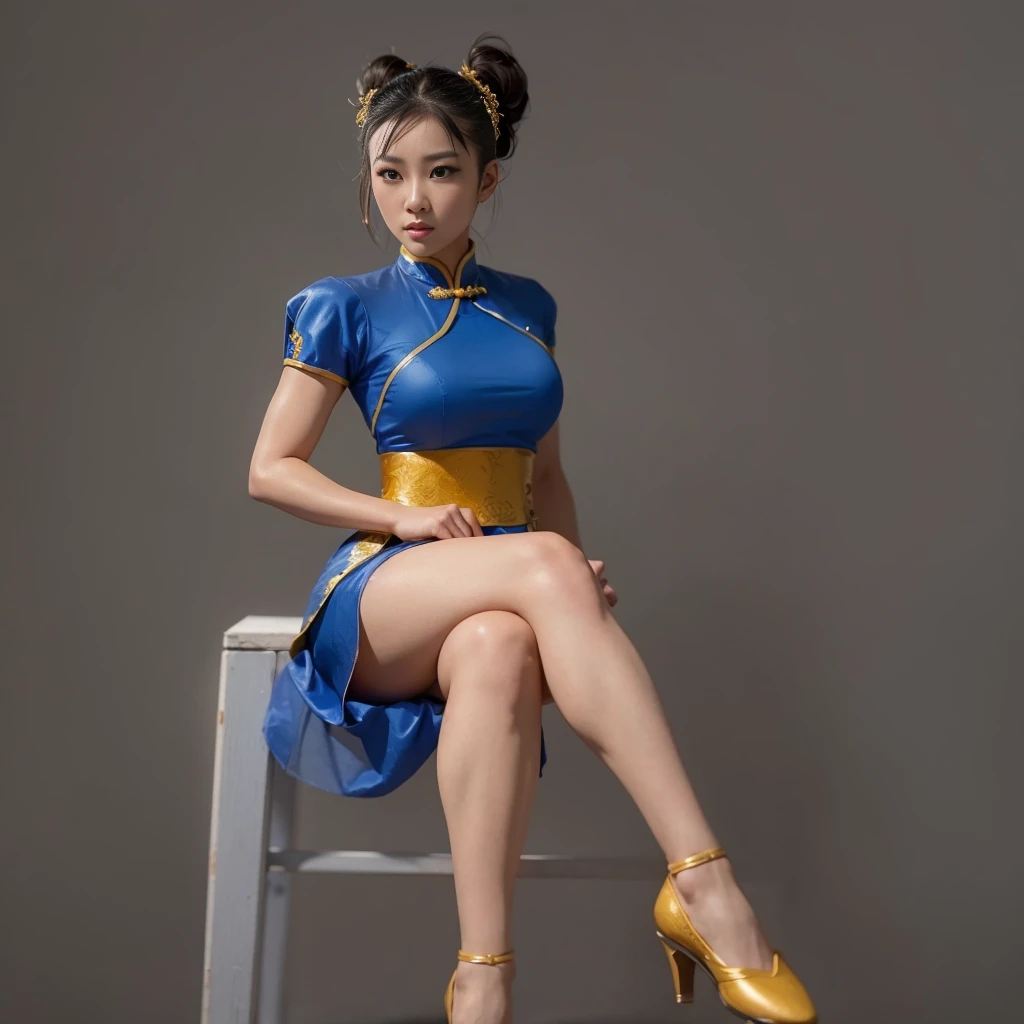 Chun Li, Rosto perfeito e detalhado, delicate features, Olhos bonitos, Flawless complexion, Corpo Perfeito, makeup correction for flaws, (Realistic:1.37), (Altas), ultra-detalhado, Physically-based rendering, vivid colors, studio lighting, (retrato), (Chinese martial artist), cabelo elegante, postura graciosa, chute poderoso, Chinese traditional costume, dynamic movement, foco intenso, fundo vibrante, (Bokeh), (foco nítido), (pintura ultrafina), (fotografia), (artistic lighting), (strong and confident expression)