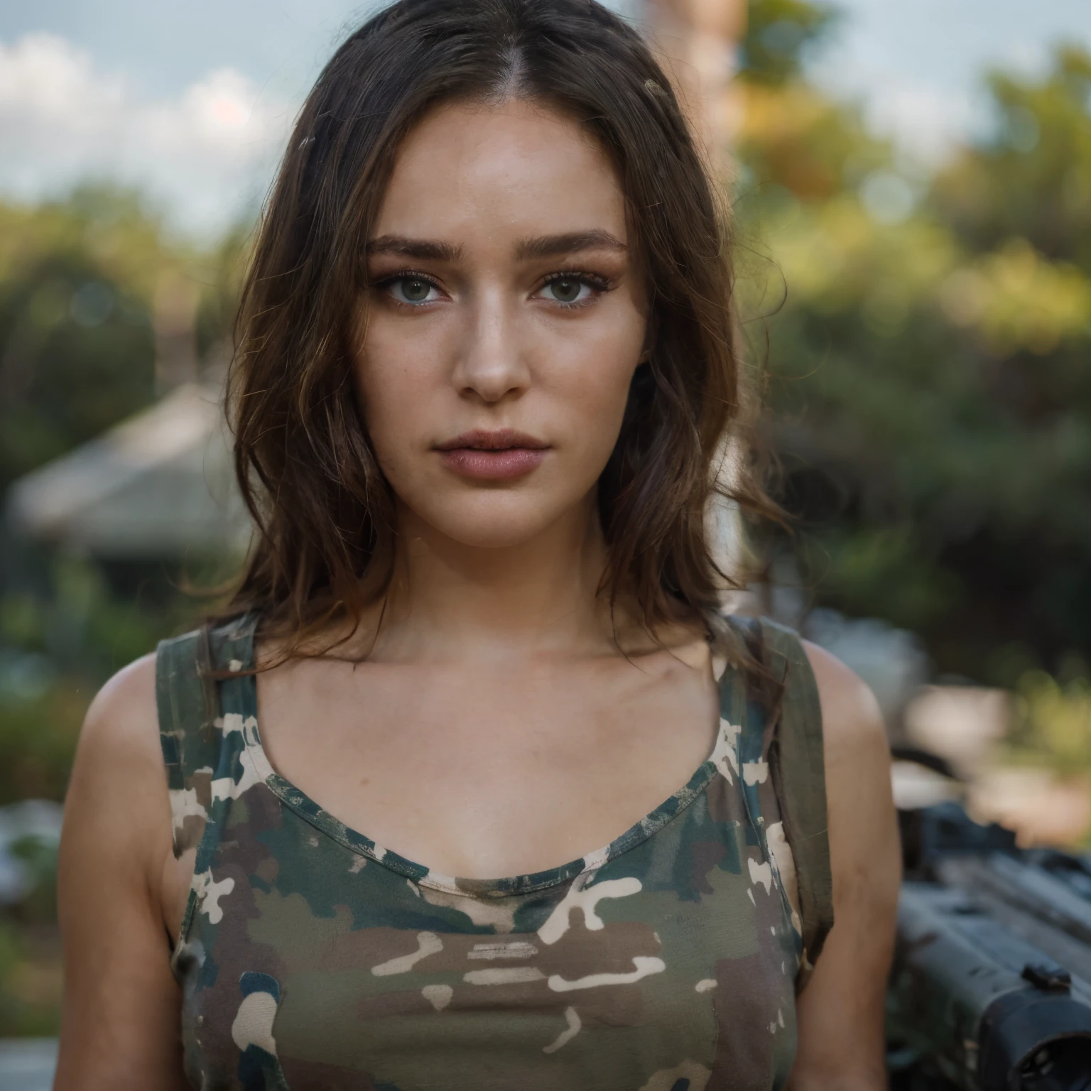 (masterpiece, Best Quality), 32K HDR, High resolution, Solo, 1girl in, (realistic portrait of Alicia Debnam:1.1), dark brown hair, (military outfits, camouflage shirt, tank top, camouflage pants, army boots), (standing, hold a rifle:1.35), Detailed eyes, Detailed skin texture, Detailed face,