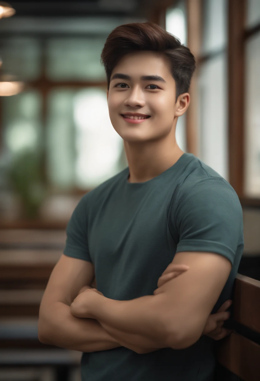 (8k, RAW photo, best quality, masterpiece:1.2), (realistic, photo-realistic:1.4), (extremely detailed 8k wallpaper), sharp focus, depth of field, blur background, bokeh, ting,front view, full body,20 years old man,looking at viewer,in classroom,medium short hair,t-shirts,smile, happy