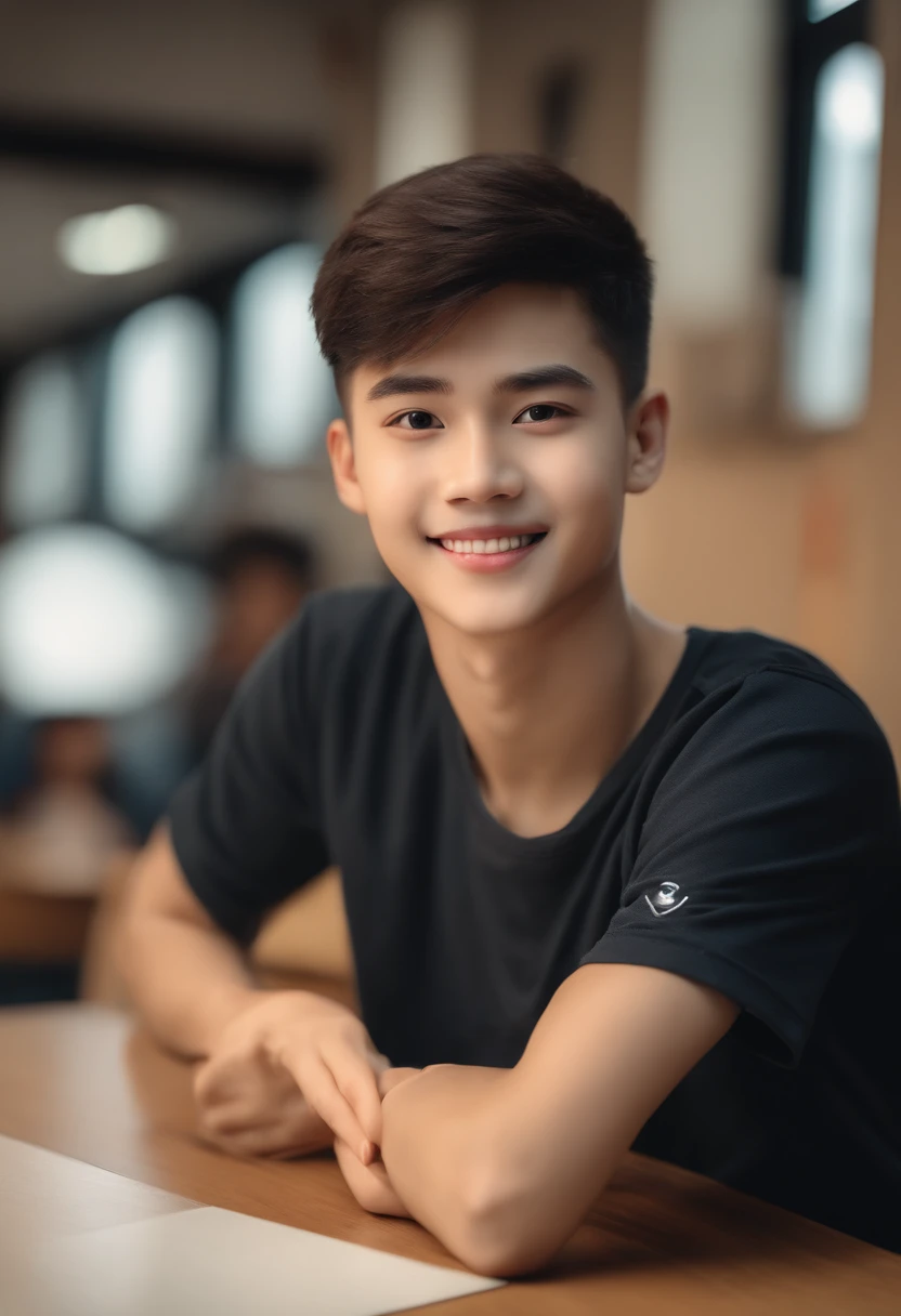(8k, RAW photo, best quality, masterpiece:1.2), (realistic, photo-realistic:1.4), (extremely detailed 8k wallpaper), sharp focus, depth of field, blur background, bokeh, ting,front view, full body,cute boy,looking at viewer,in classroom,medium short hair,t-shirts,smile, happy