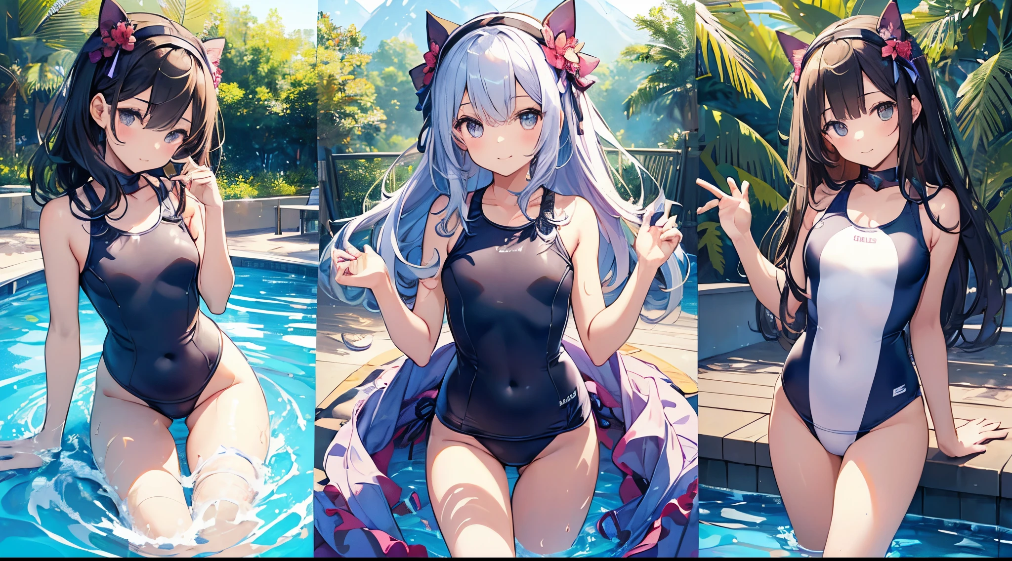 (((Beautiful illustration、top-quality、cute petit girl、Perfect limbs:1.3、perfect fingers:1.3、perfect anatomia:1.3)))、(transform sequence)、((Competitive swimsuit))、sixteen years old、Slender beautiful girl、Fractal Art、baby-face、((stright long hair))、(big drooping eyes)、Happy smiling face、Full Body Display、(two individuals)、is standing、(highleg)、gorgeously decorated headband、in poolside