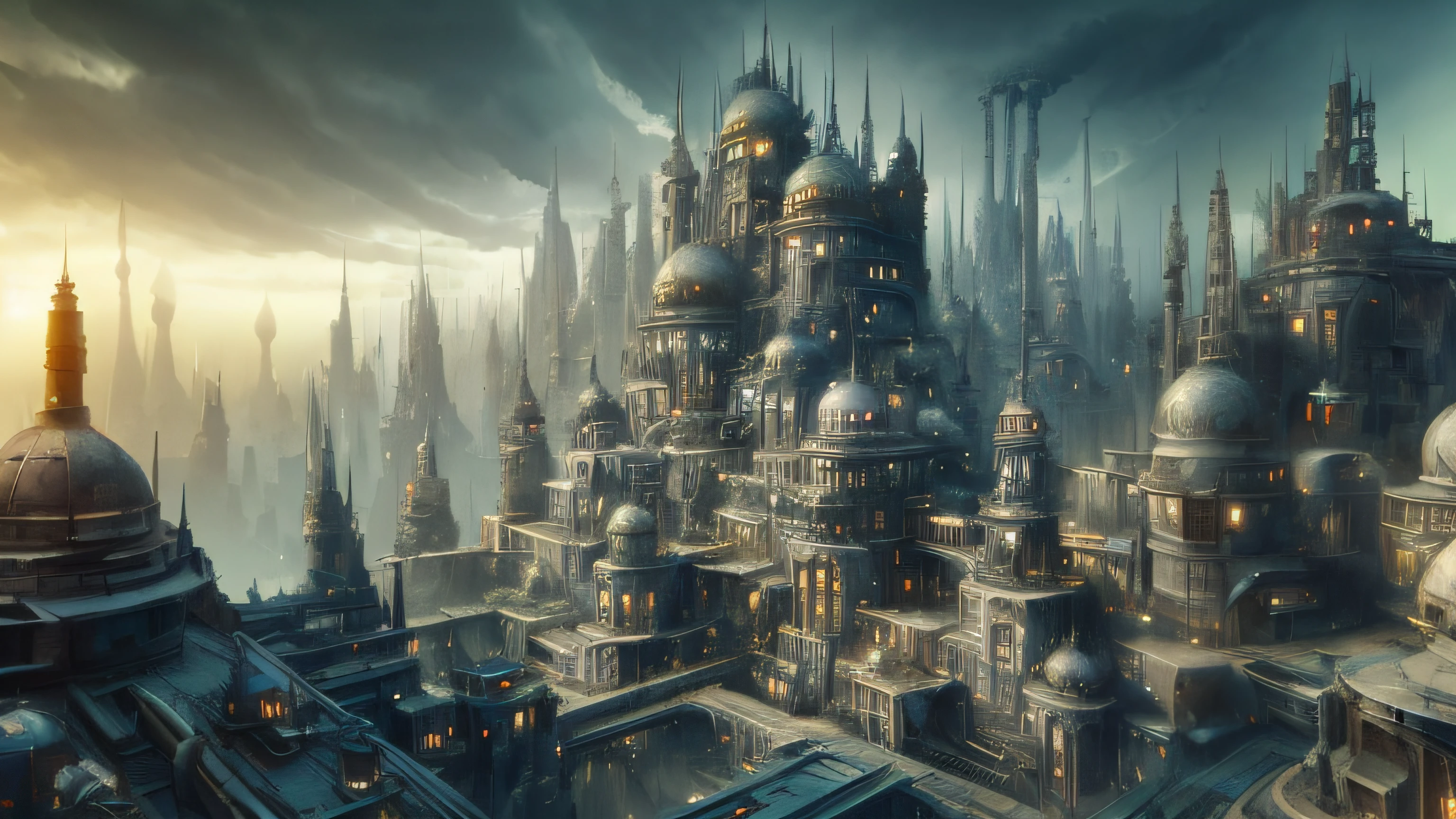 (hightquality、8K、Ulutra HD, alien sanatorium)、Dark Fantasy, The fantastic scenery, highly detailed landscape, Moonlight, Alien City、The Future of Science Fiction, dark art, Dystopian atmosphere, Mechanical and retro world, land like cappadocia, light from building windows, Strange architecture and streets inspired by Antonio Gaudi, dark sky, Overcast sky, grey sky, art by:Alberto Seveso、Abstract art style、intricate and detailed watercolor painting、Digital Painting、concept-art、Stereoscopic lighting、 TanvirTamim、metal reflective、2d render、Art Germ、ArtStat Trends
