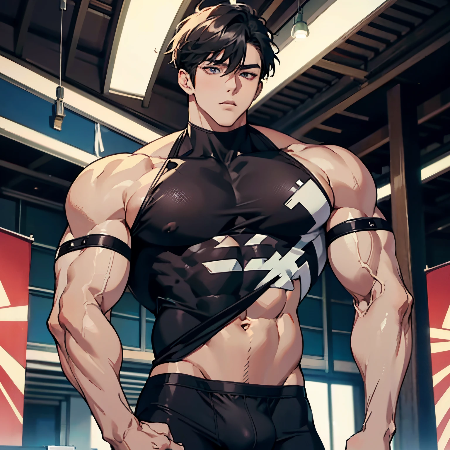 Korean Man, Sexy man, wearing a body-tight black sportswear, Bottom wearing  man's underwear, Bodybuilder, Muscular body, big muscle, Short and delicate hair, Natural eyes, 
 looking up at viewer, taned skin, big bulge, thick-thighs, Masterpiece, Best Quality