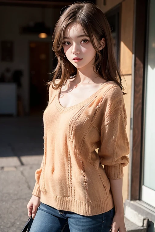 (((masutepiece:1.4, Best Quality)), (1girl in), (Perfect Anatomy), BREAK, Cute Girl, (hair messy), (Light orange eyes), Small breasts, facing,Short knitwear、