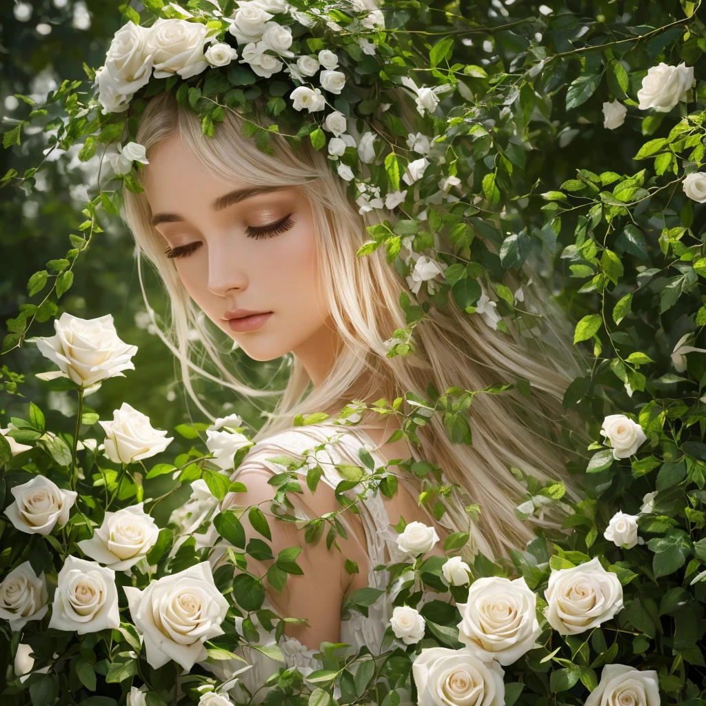 (Best quality,4K,8K,A high resolution,tmasterpiece:1.2),beautidful eyes,beautiful detailed lips,Extremely detailed eyes and face,Long eyelashes,（（a plant elf，Glowing and ethereal look，Extremely peaceful and beautiful,The body and surroundings are covered with white roses and dense vines,Plants cover face and body，Side view, Kneeling pose, Close your eyes and look up））, Exceptionally beautiful, A dreamy and radiant existence,lamplight, Plant theme, soft and warm lighting