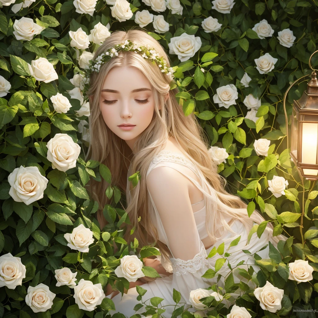 (Best quality,4K,8K,A high resolution,tmasterpiece:1.2),beautidful eyes,beautiful detailed lips,Extremely detailed eyes and face,Long eyelashes,（（a plant elf，Glowing and ethereal look，Extremely peaceful and beautiful,The body and surroundings are covered with white roses and dense vines,Plants cover face and body，Side view, Kneeling pose, Close your eyes and look up））, Exceptionally beautiful, A dreamy and radiant existence,lamplight, Plant theme, soft and warm lighting