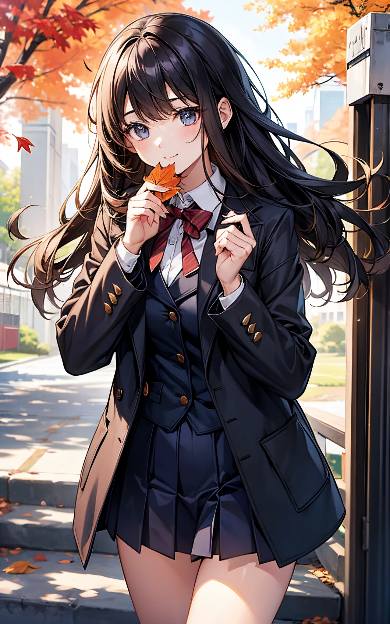 Perfect human body、Autumn morning with falling leaves、She is wearing a high school uniform、greeted、Cute outerwear、Light in the eyes、