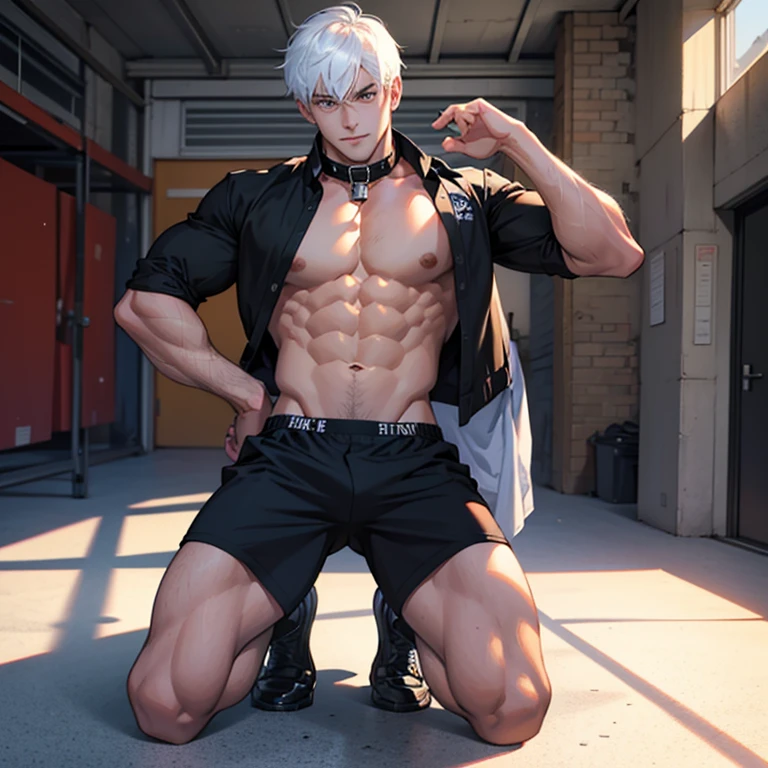 the only person,college aged,Physical Education Student,Sunny and cheerful,inch hair style,muscle dog slave,collars,44 inch chest muscles,8-pack abs,20 cm ,Wearing only black underwear and white socks,big feet,Show off your muscles generously,Blushing and erection,Place your hands behind your back,Put in handcuffs,Kneel down and beg to step on his genitals