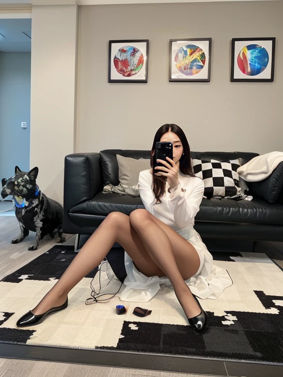 A woman sitting on a carpet, taking selfies, full body length, wearing white stockings, a sleek white bodysuit, glamorous Chinese model, shot in 2020, torn pantyhose, 24-year-old female model, vintage vibe, pantyhose, nylon stockings, 🔥 😎 🕹️ 👀 :2, high-quality material BSSRDF, ultra-detailed, professional lighting, vivid colors, glossy finish