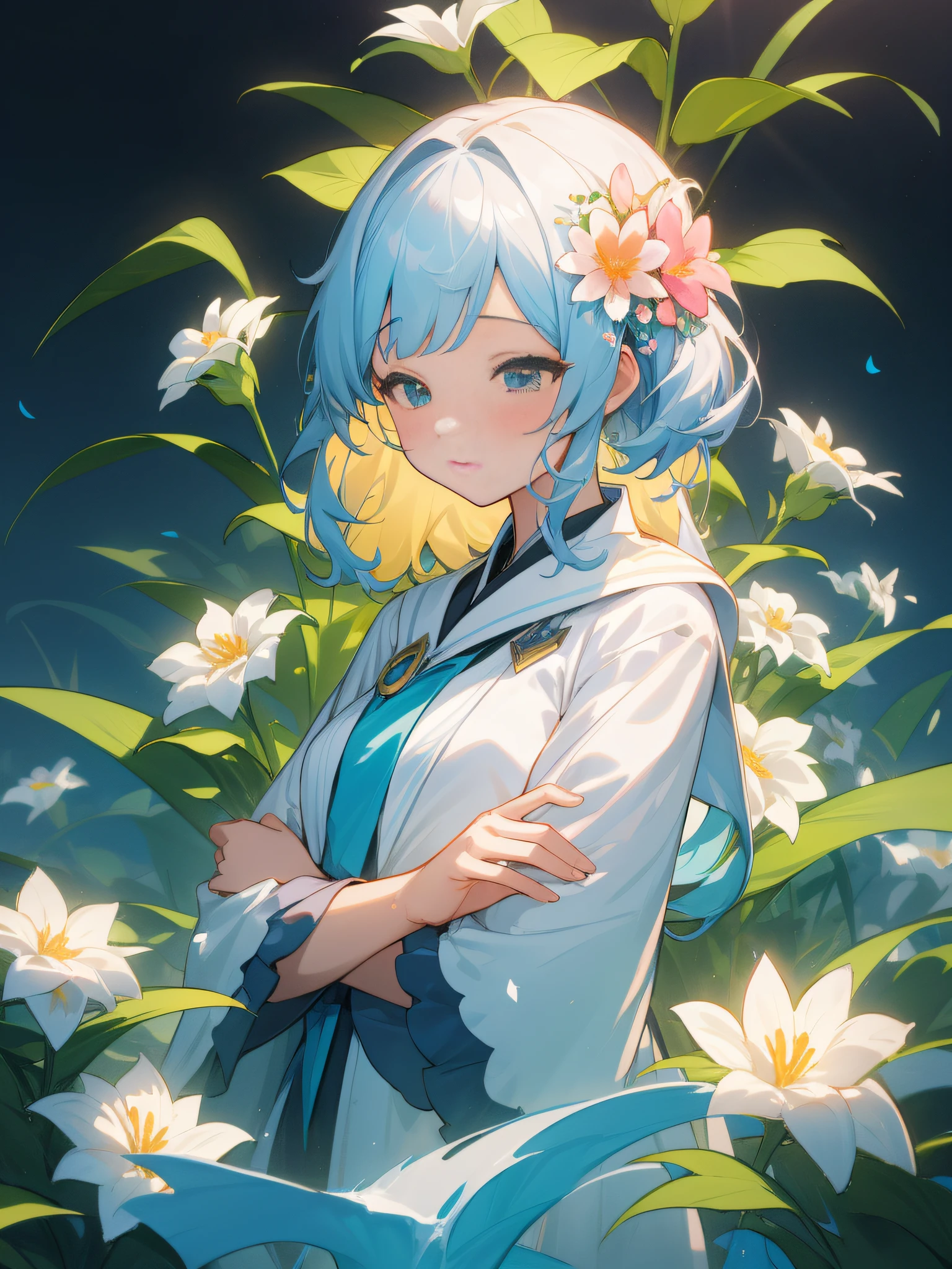 (extremely detailed CG unity 8k wallpaper), illumination, A sea of flowers, Flowers, 1girl, upper-body, kpop idol,