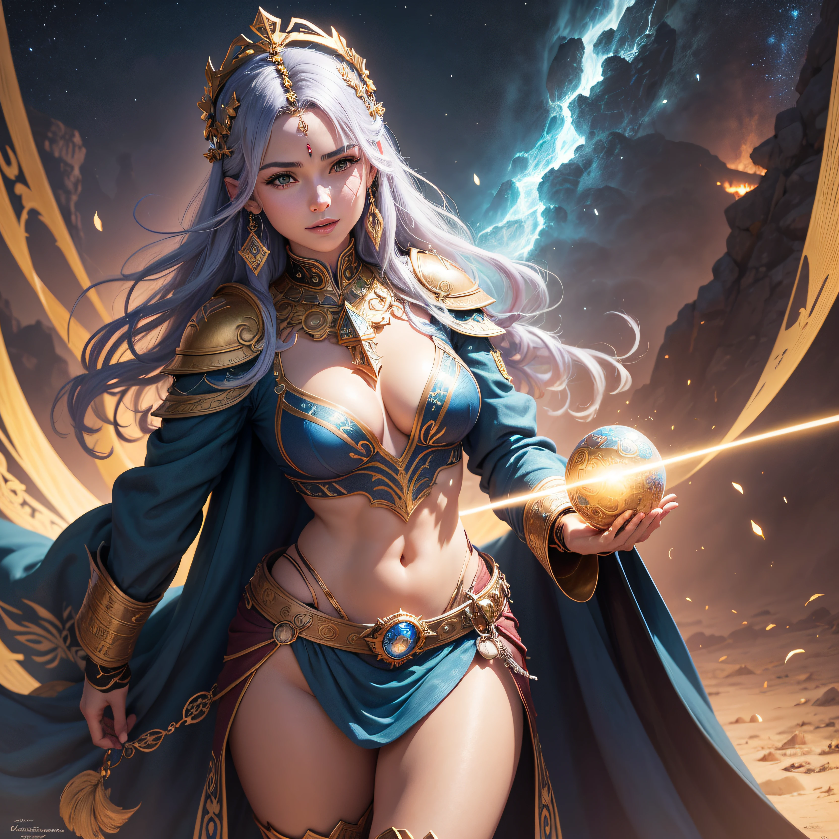 mujer valkiria exuberante y espectacular, ser de mitologia fantastica, se encuentra en el palacio de asgard, rodeada de tecnoligia y maquinarias iimpresionantes, donde abundan el oro, la plata , las piedras preciosas de diferentes colores y los diamantes, en un entorno de fantasia, (hiperrealista: detalles intrincados realistas), sonriente: sensual feature, (textura y entorno bien detallados, Pure perfect lighting).