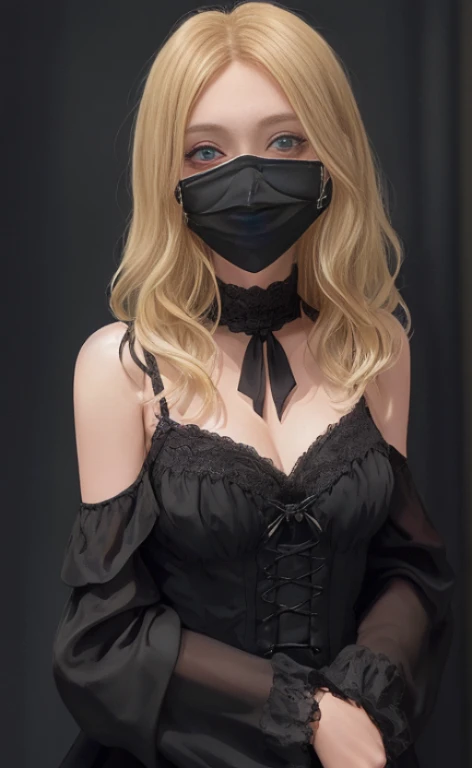 einer jungen blonden Frau mit schwarzem Kopftuch, eine schwarze Maske und ein schwarzes Kleid, blaue Augen, Sommersprossen