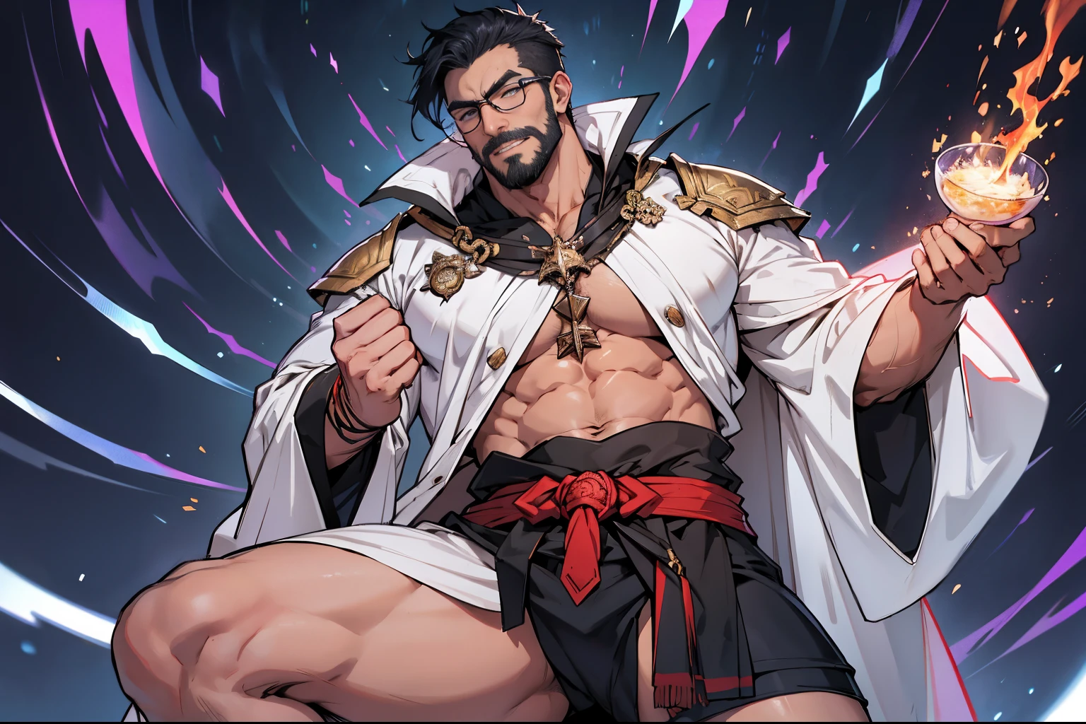 gacha ssr character,masutepiece、Best Quality、burly、muscular、thick eyebrow、eye glass、35-year-old man、Black short-haired、All Back Hair、cropped hair、Magic Chanting、holly effect,Dark Fantasy、holy wizard、Wearing an erotic white robe with luxurious decorations、matured male、thighs thighs thighs thighs、bulge in the crotch area、hyper pecs,