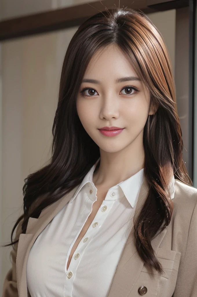 masutepiece, Best Quality, Photorealistic, Ultra-detailed, finely detail, High resolution, 8K Wallpaper, 1 beautiful woman,, light brown messy hair, in a business suit, foco nítido, Perfect dynamic composition, Beautiful detailed eyes, detailed hairs, Detailed realistic skin texture, Smiling, Close-up portrait, Model body type