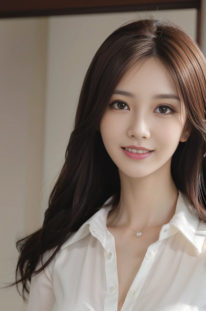 masutepiece, Best Quality, Photorealistic, Ultra-detailed, finely detail, High resolution, 8K Wallpaper, 1 beautiful woman,, light brown messy hair, in a business suit, foco nítido, Perfect dynamic composition, Beautiful detailed eyes, detailed hairs, Detailed realistic skin texture, Smiling, Close-up portrait, Model body type