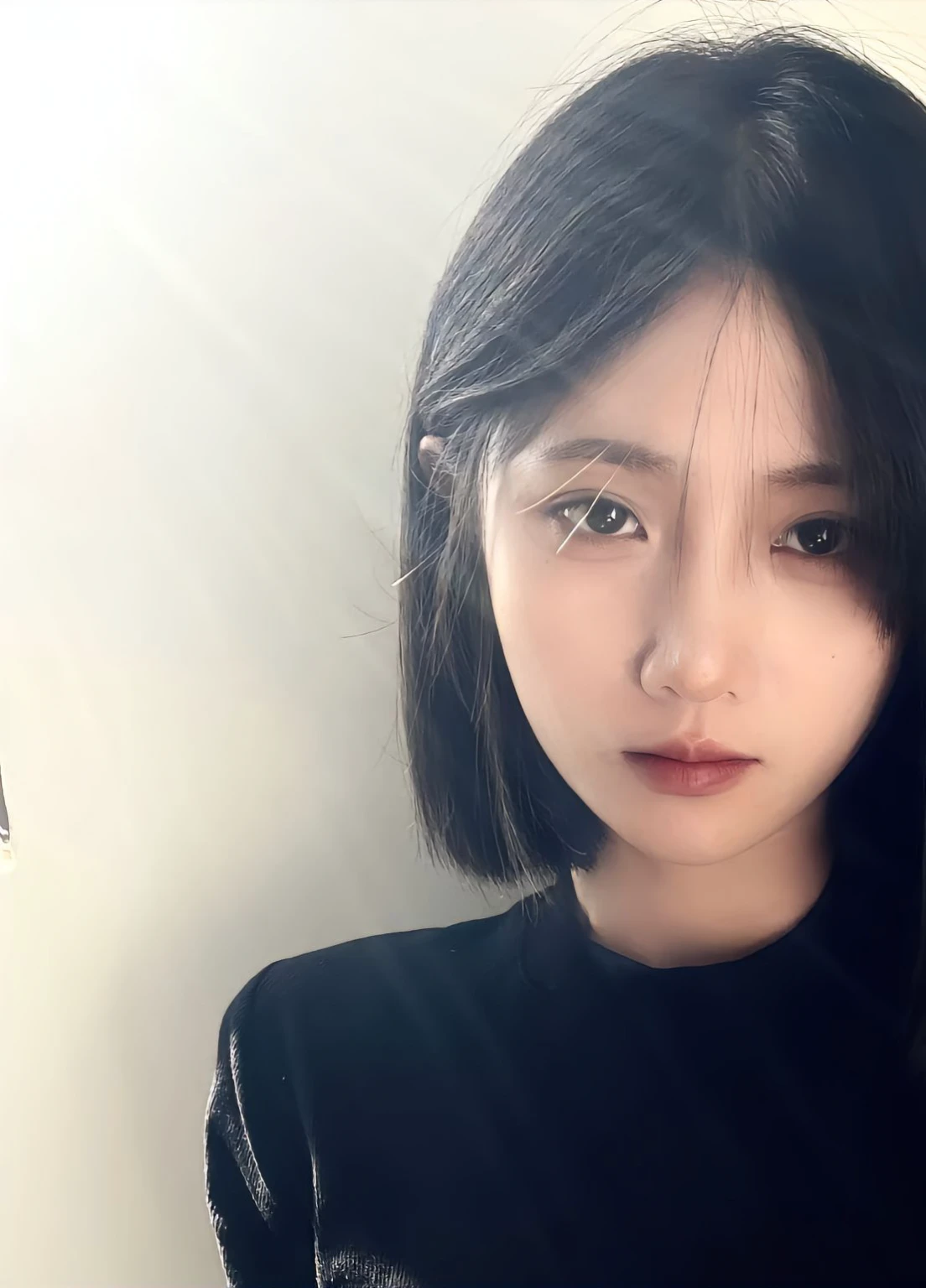 Close-up of a woman wearing black top and black shirt, short detailed hair, Young and cute Korean face, gorgeous young korean woman, ulzzangs, Nam Jae-yeon, Korean girls, beautiful Korean women, Portrait of a Korean female idol, beautiful young korean woman, Yoo Lee Ji Eun plays the supervillain, Cute Korean face
