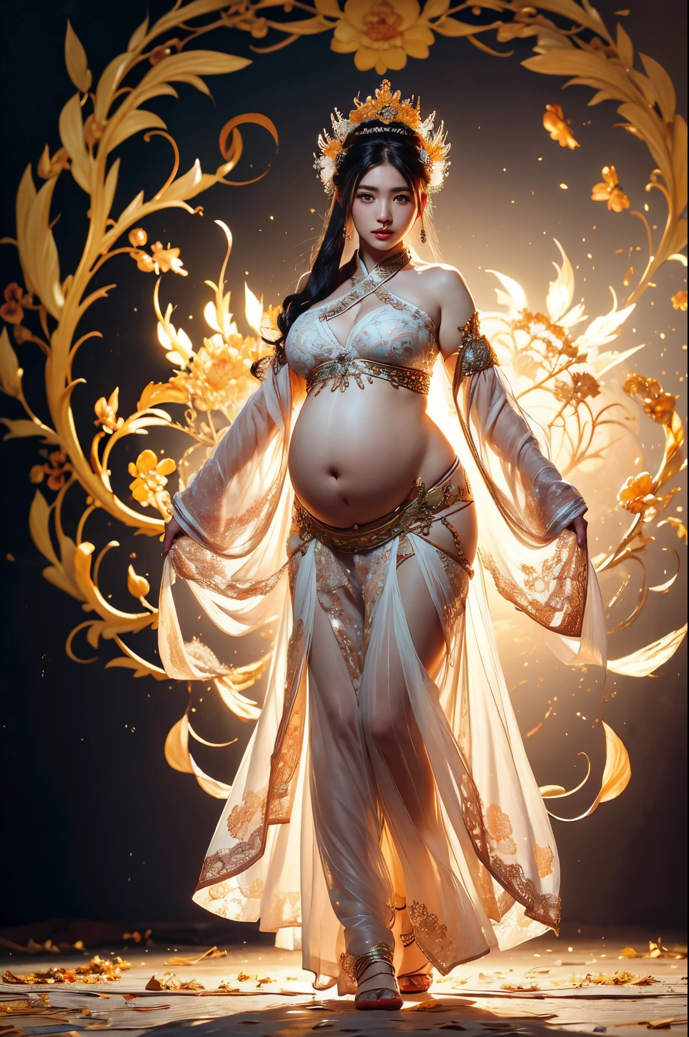 ancient chinese phoenix costume、Luxurious hair ornaments、see -through、Big belly、Pregnant Woman、Wearing silk cloth、Beautiful dances、1 girl in、(full body Esbian:1.5)、独奏、Hanfu、flower field、florals、(white:1.3)(realisitic:1.4)、Zen entanglement、mandalas、Entanglement、Official art、Unified 8K wallpapers、ultra-detailliert、Beautiful and beautiful、masterpiece、top-quality、(dynamic ungle:1.4)、glistning skin、(Colorful flashes float:1)The most beautiful chaotic shapes、Elegant and cruel design、bright colour、romantic depth of field
