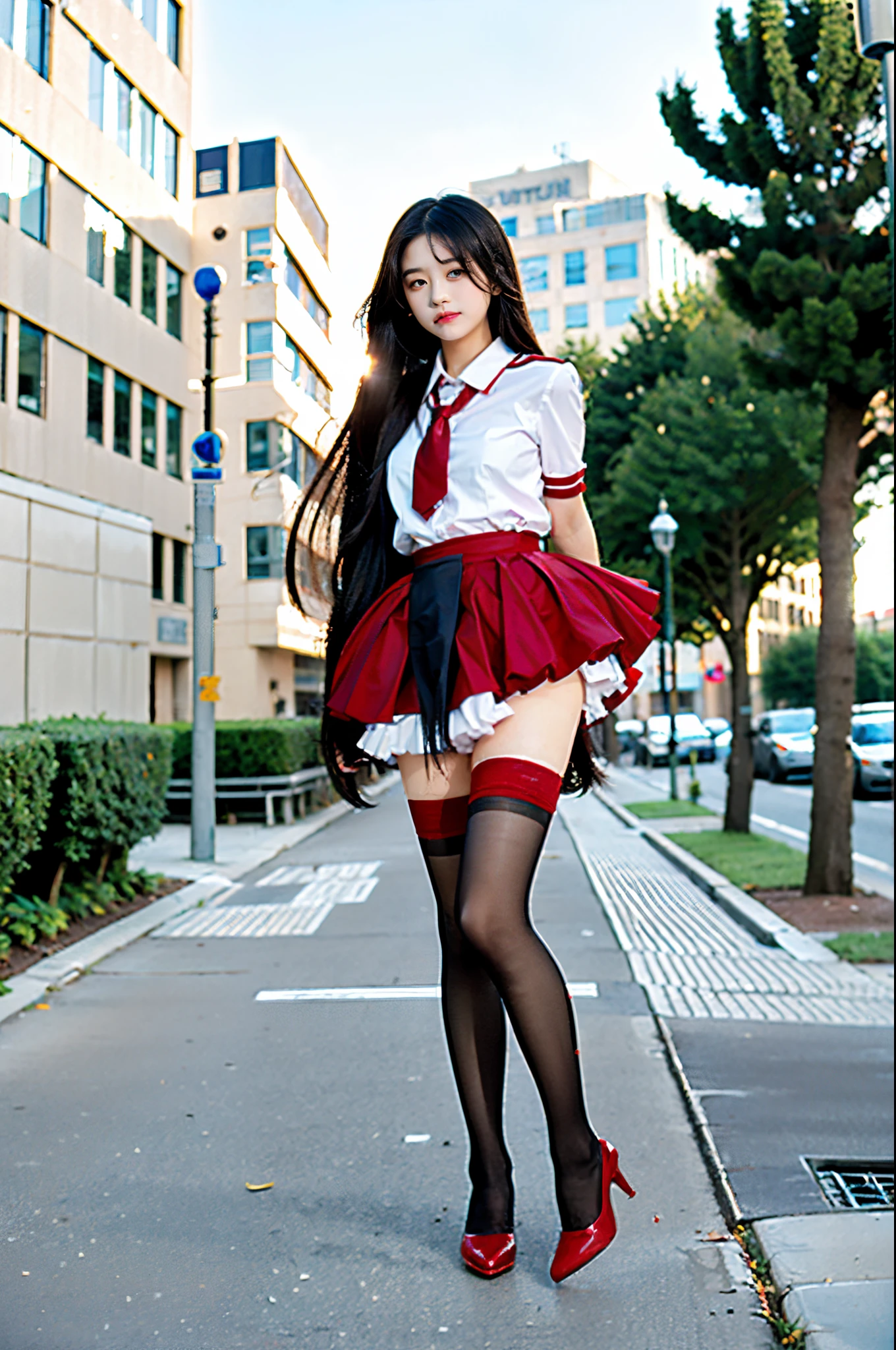 masterpiece, best quality, 
1girl,solo,full body,standing, long hair, 
high heels,school uniform,streets,outdoors, city,
(red thighhighs),(tutuhb:1.5),