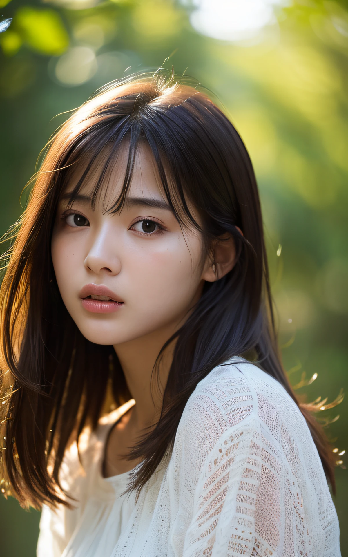 (Photo Real:1.4), (hyper realisitic:1.4), (Smooth lighting:1.05), 1 girl, (sad:1.4), Mouth slightly open, Neat and clean beauty, 22 years old, Soft lighting, Back lighting, (Finest Real Textured Skins), Narrow-eyed, Super fine face, glowy skin, retinas, Anatomically correct, acurate, Super Detail, Textured skin, High quality, high details, Best Quality, High resolution,Morning forest with clear water flowing through it, Medium hair swaying in the wind, Bangs, Blouse