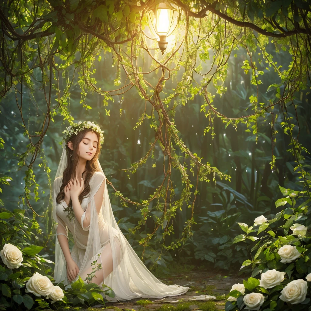 (Best quality,4K,8K,A high resolution,tmasterpiece:1.2),beautidful eyes,beautiful detailed lips,Extremely detailed eyes and face,Long eyelashes,（（a plant elf，Glowing and ethereal look，Extremely peaceful and beautiful,The body and surroundings are covered with white roses and dense vines,Plants cover face and body，Side view, Kneeling pose, Close your eyes and look up））, Exceptionally beautiful, A dreamy and radiant existence,lamplight, Plant theme, soft and warm lighting