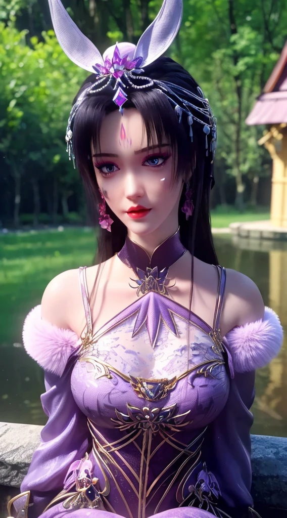 high high quality，High- sharpness，A high resolution，8K（purple silver）colours，（Whiter），（less purple），neckline skirt，great circle，Large breasts，Sitting in the creek，（Seven-doppelganger portrait）Ultra HD close-up of faces