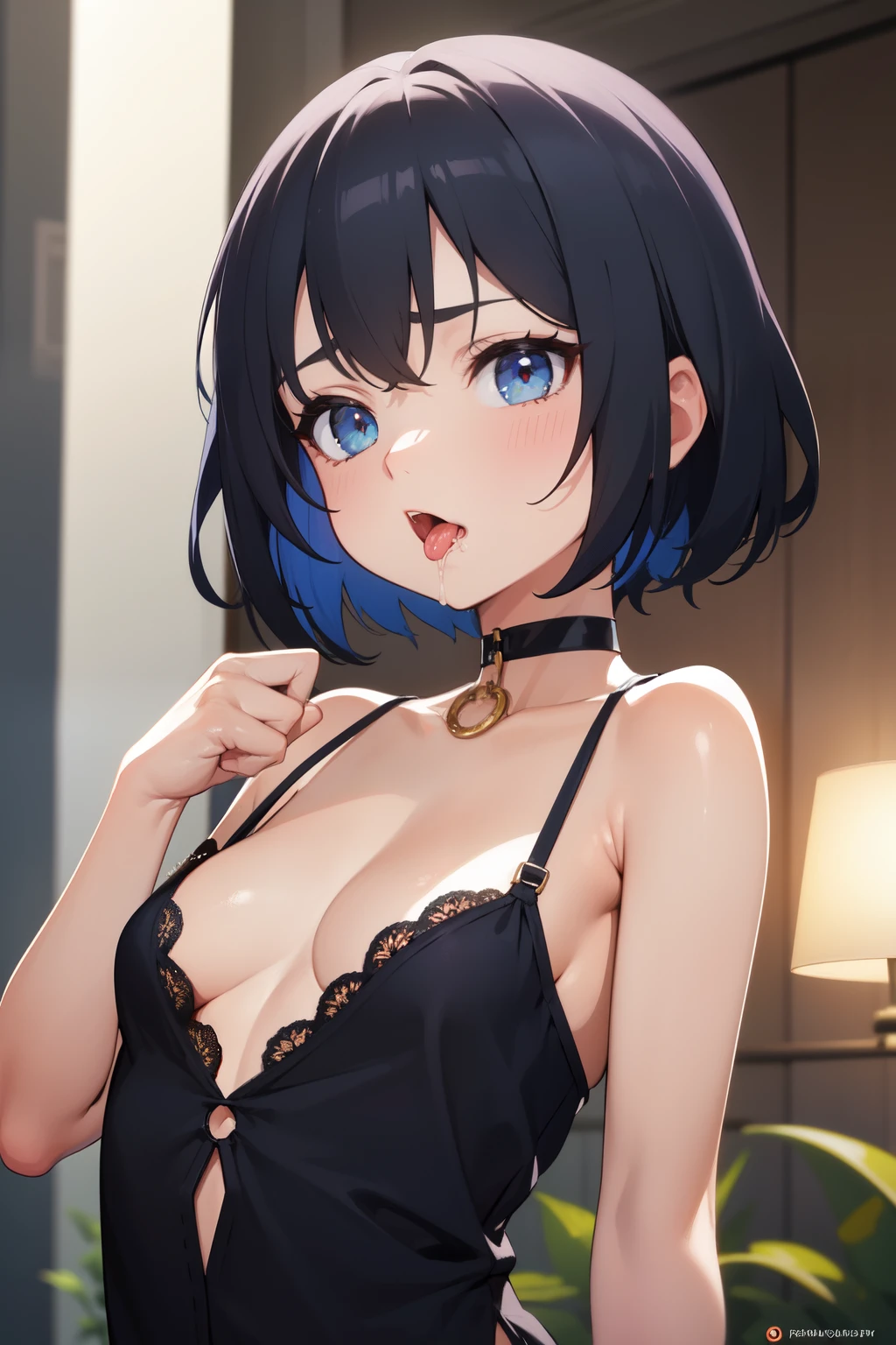 ((best quality)), ((masterpiece)), (detailed), perfect face, small ite body, lustful eyes, short blue hair, wearing choker, mouth wide open, salivating, perky tits, hand making a fist