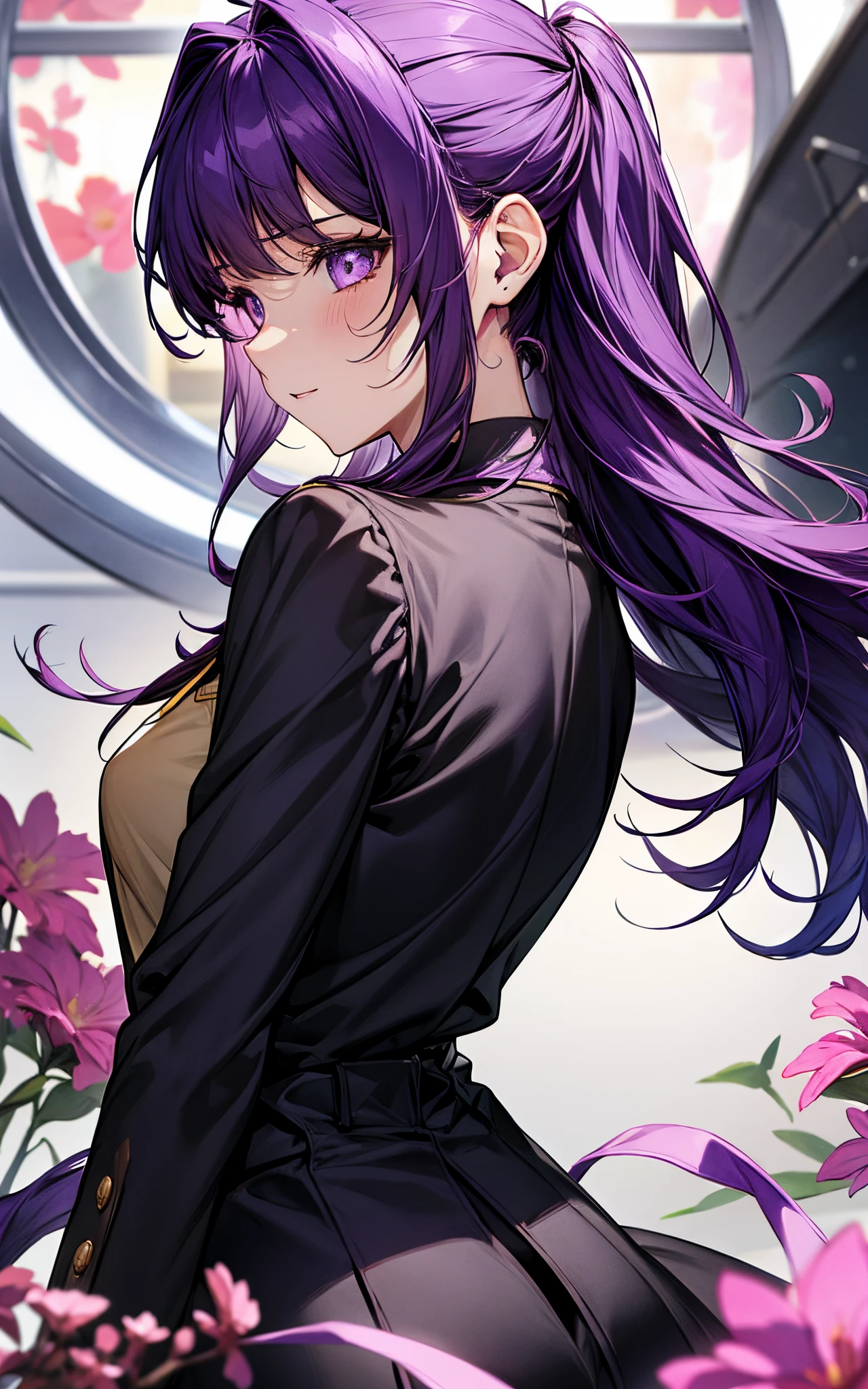 Perfect human body、One lady、Surrounded by flowers、She is wearing a high school uniform、Purple hair、Laugh quietly、cute little、Light in the eyes、closest to the profile
