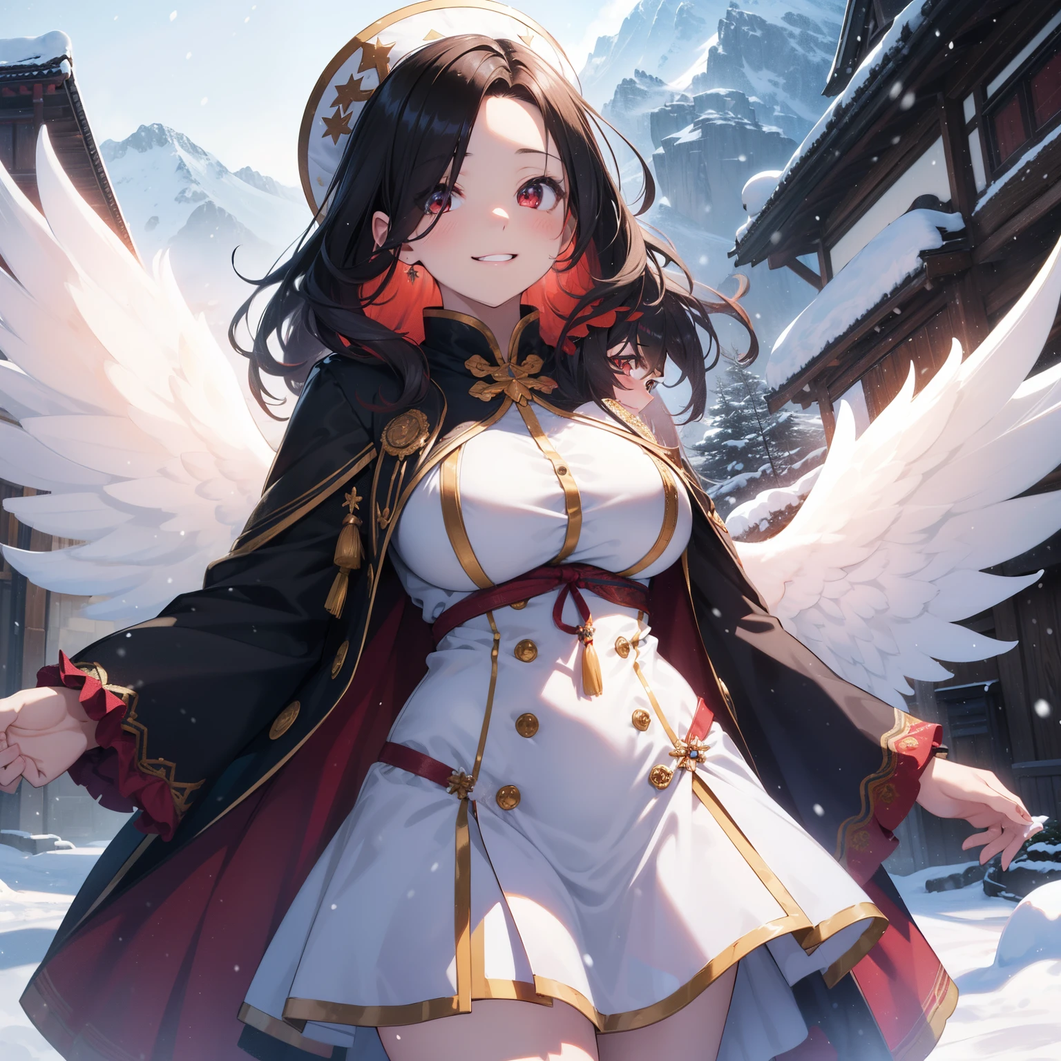(masutepiece,Best Quality,8K),(extremely detailed CG1.1),s girl,Smile,large boob,(From below:1.2),Intricate details , Hyper realistic, Perfect Anatomy,A dark-haired,Red Eyes,(((Forehead))),Permed hair with wavy hair,(((length hair))),Hair over one eye,hair slicked back,Full body,(((angel costume))),blush,Happy smile,(((in snow mountain))),Lens Flare,Wind,Magnificent view,(chromatic abberation:1.3),Dynamic Angle,Cowboy Shot,Looking at Viewer,It's snowing,is standing