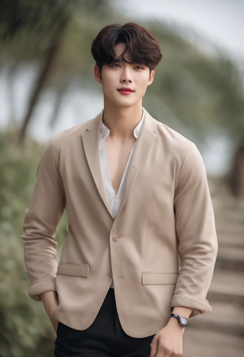 high-level image quality、Very beautiful、Too handsome、The upper part of the body、Height 172cm、With bangs、a smile、Gentle、Looks real