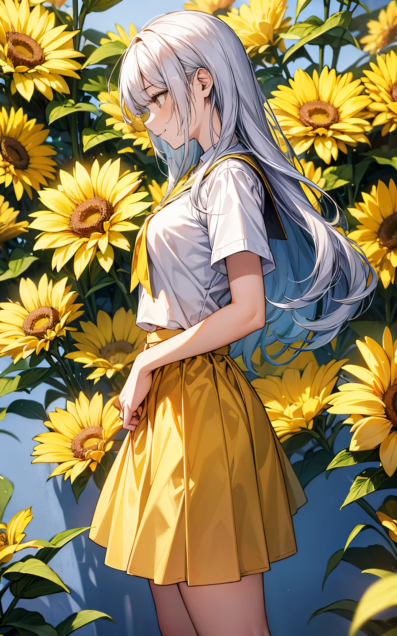 Perfect human body、One lady、Surrounded by flowers、She is wearing a yellow high school uniform、Laugh quietly、cute little、Light in the eyes、profile