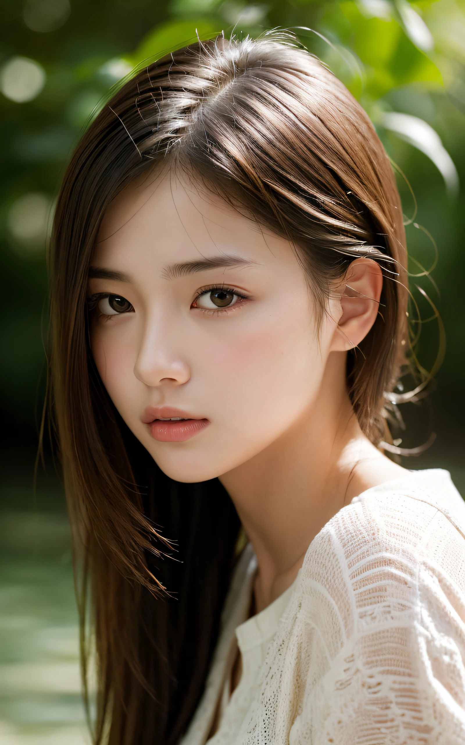 (Photo Real:1.4), (hyper realisitic:1.4), (Smooth lighting:1.05), 1 girl, (sad:1.4), Mouth slightly open, Neat and clean beauty, 22 years old, Soft lighting, Back lighting, (Finest Real Textured Skins), Narrow-eyed, Super fine face, glowy skin, retinas, Anatomically correct, acurate, Super Detail, Textured skin, High quality, high details, Best Quality, High resolution,Morning forest with clear water flowing through it, Medium hair swaying in the wind, Bangs, Blouse