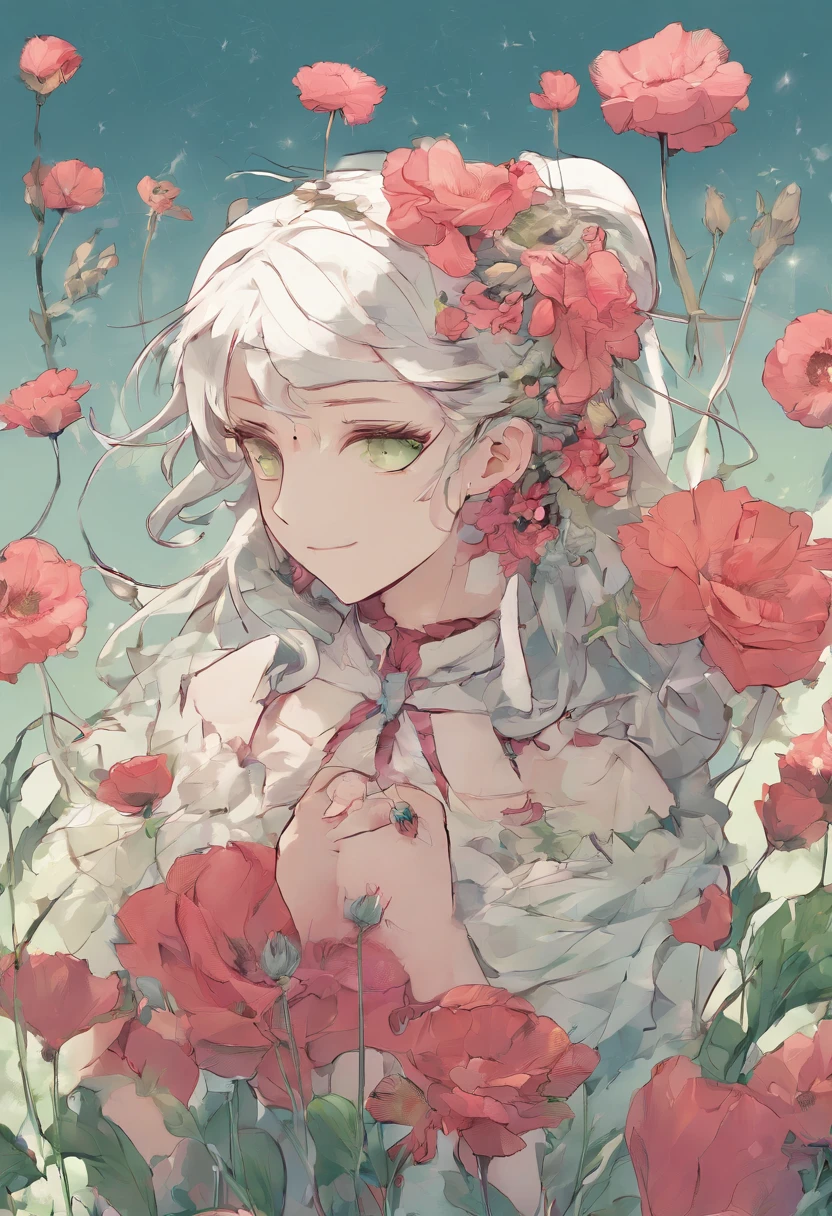 Garota elfa(20anos), romantic green eyes,cabelo liso,loiro,preso por uma grinalda de flores pousando em um capo cheio de flores e plantas (rabo de raposa, dandelion), right ear adorned with a single white rose, coroa de flores circulando a testa, flores roxas,vermelha e rosa na coroa que adorna sua testa, highes definition, ambiente: campo de flores, some of them fly up to the sky leaving a blue trail like a comedy tail, highes definition,4k.