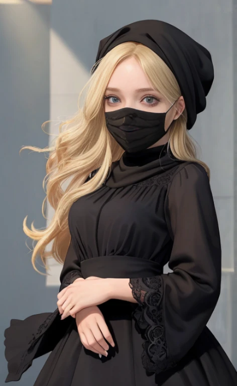 of a young blonde woman wearing a black headscarf, a black mask and a black dress, blue eyes, freckles