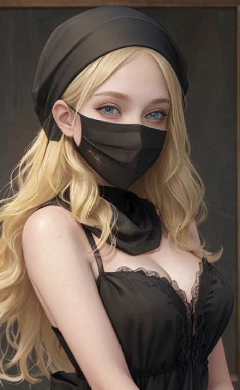 of a young blonde woman wearing a black headscarf, a black mask and a black dress, blue eyes, freckles