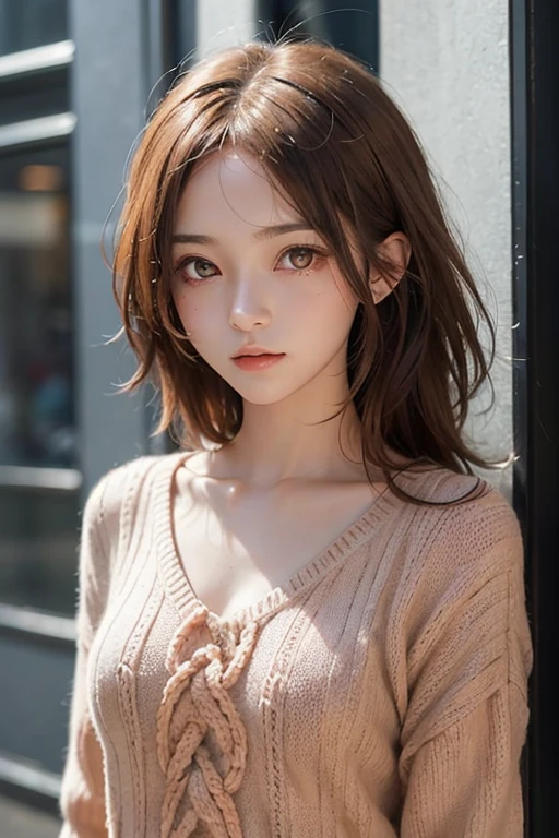 (((masutepiece:1.4, Best Quality)), (1girl in), (Perfect Anatomy), BREAK,  Cute Girl, (hair messy), (Light orange eyes), Small breasts, facing,Short knitwear、