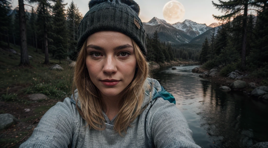same blonde, photorealistic, best quality, hyper detailed, beautiful woman, selfie photo, upper body, solo, wearing pullover, outdoors, (night),
 mountains, real life nature, stars, moon, (cheerful, happy), sleeping bag, gloves, sweater, beanie, flashlight, forest, rocks, river, wood, 
smoke, fog, clear sky, analog style, looking at viewer, extremely detailed, volumetric face light, visible shadows, 
 skin texture, film grain, close up, ultra high res, best shadow, RAW, instagram LUT