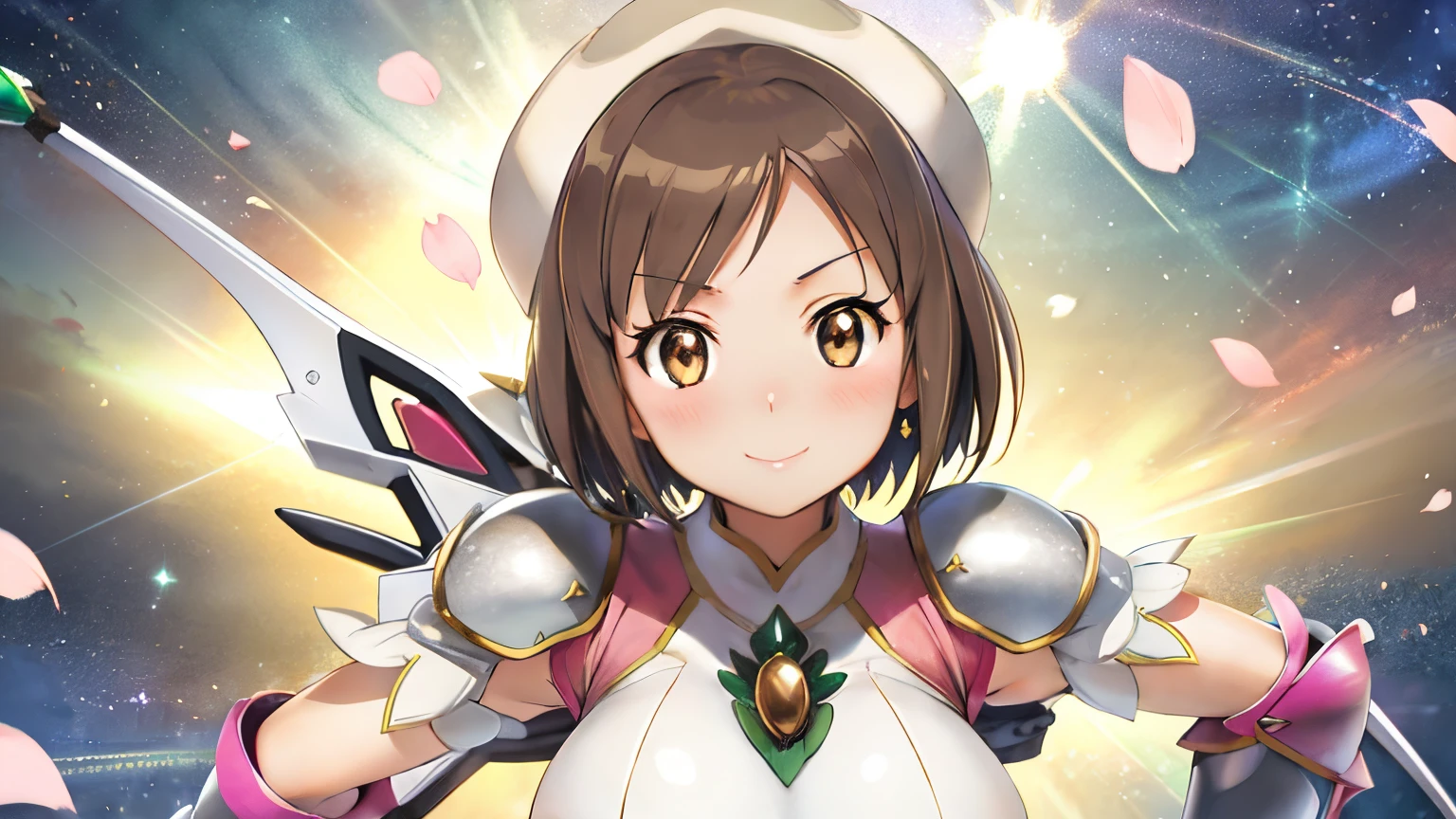 Anime girl wearing white cheongsam costume with bow and arrow, Knight of Sodiak Girl, Sodiak Girl Portrait Knight, Short brown-haired girl, Brown-eyed girl, Chignon Cap, White cheongsam, Emerald armor, Dress Armor Girl, seductive princess knight, anime fencer, Smooth Anime CG Art, sakura petals around her, shuushuu anime image, Princess Knight, huge tit, short, a beauty girl, princess intergalactica, Crystal Emerald Armor, Emerald Princess, Emerald reflective armor, High quality anime art style,