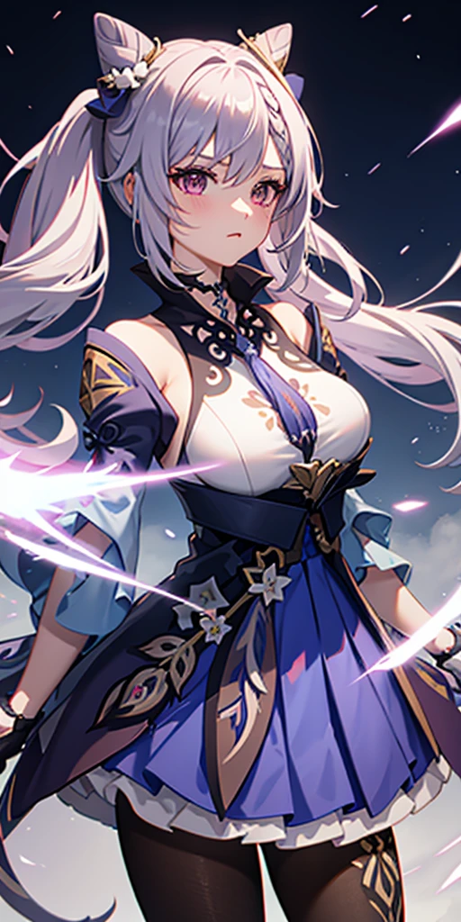 1个Giant Breast Girl, Japanese clothes, pony tails ,White hair, a purple eye, Magic Array, blue flame, blue flame, the wallpaper, The landscape, bloods, blood spatter, depth of fields, the night, Light particles, llight rays, Sideslit, upper legs, destiny \(series\), Genshin Impact is eye-catching, Open jacket, a skirt, Raise your legs, clouds