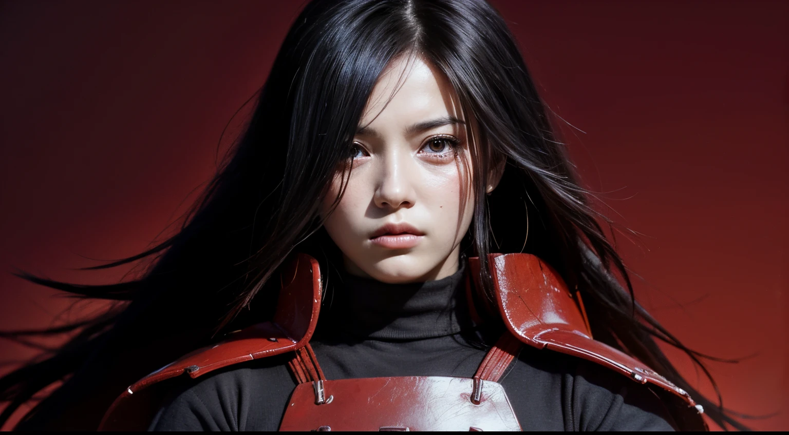 (masterpiece, best quality:1.2), red background, cowboy shot, solo, female focus, 1girl, uchiha madara, expressionless, looking at viewer, crossed arms, long hair, hair over one eye, japanese armor, black gloves, upper body, detailed face, detailed eyes, beauty, extremely beautiful face, closed mouth