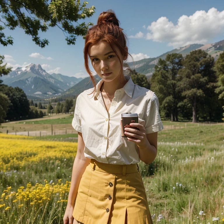 1girl, pretty face, 18 years old, red hair, hair in a bun, yellow button-down top, brown skirt BREAK standing, holding book, open meadow, forest, mountains in background