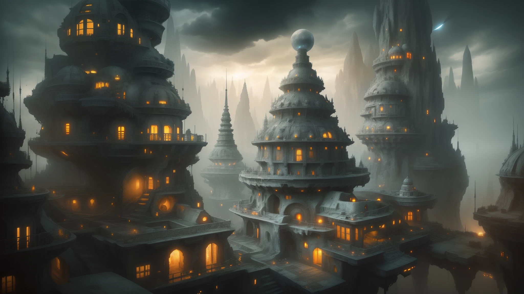 (hightquality、8K、Ulutra HD, alien sanatorium)、Dark Fantasy, The fantastic scenery, highly detailed landscape, Moonlight, alien city、The Future of Science Fiction, dark art, Dystopian atmosphere, Mechanical and retro world, land like cappadocia, light from building windows, Strange architecture and streets inspired by Antonio Gaudi, dark sky, Overcast sky, grey sky, art by:Alberto Seveso、Abstract art style、intricate and detailed watercolor painting、Digital Painting、concept-art、Stereoscopic lighting、 TanvirTamim、metal reflective、2d render、Art Germ、ArtStat Trends