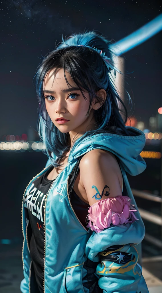 (masterpiece), best quality, ultra high res,***********, cyberpunk 1girl flying above stunning cityscape ,hoodie,blue hair,  neon color shooting stars, very long hair, off shoulder, feather hair ornament, neon colors, flashes, stunning night sky, cinematic lighting, photorealistic, realistic skin, HDR,fisheye