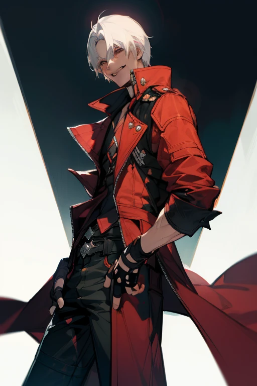 (masterpiece, best quality:1.2), cowboy shot, solo, male focus, 1boy, dante, smile, looking at viewer, white hair, open clothes, coat, (fingerless gloves:1.1), belt