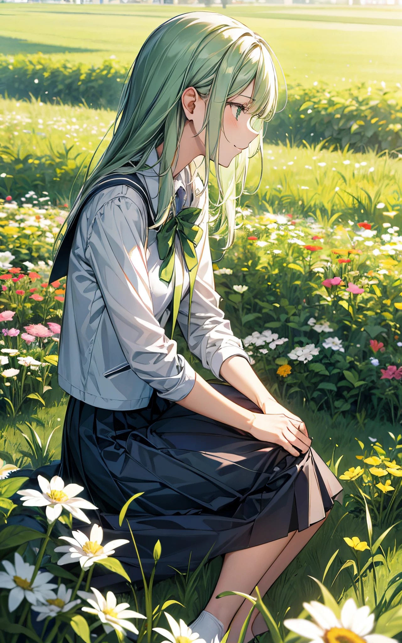 green grass、Perfect human body、One lady、Surrounded by flowers、She is wearing a high school uniform、Laugh quietly、cute little、Light in the eyes、profile