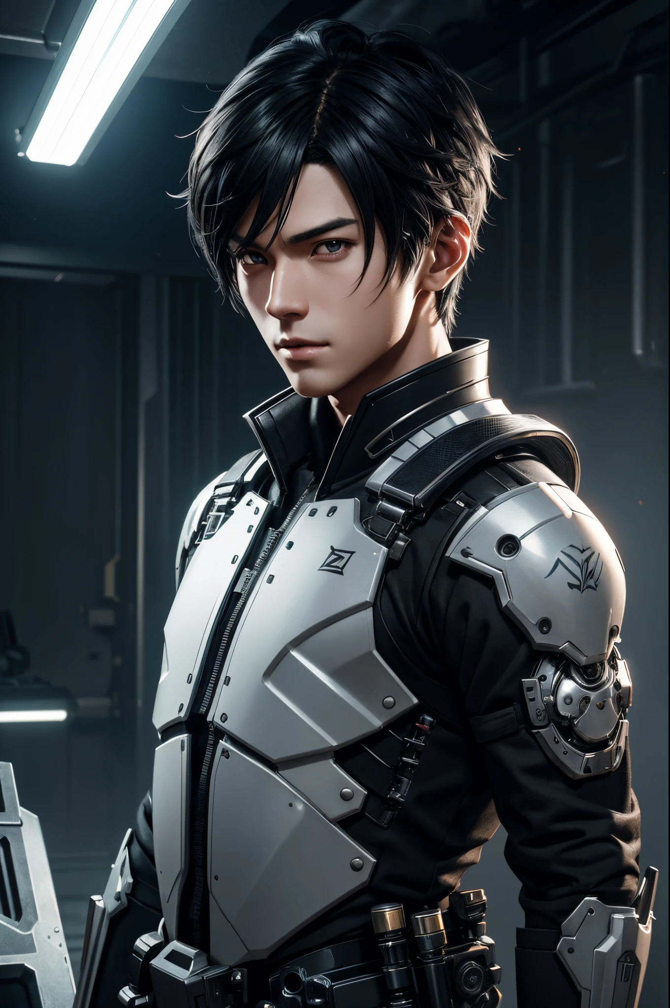 8K、Mechanical Lloyd with short black hair、Anime boy wearing a skeleton headband and posing for a photo、boy with exposed skeleton、Detailed Digital Anime Art、Mechanical Lloyd under maintenance、Connect to many tubes、Glowing LEDs(effect)U3D rendering character art 8K、Photorealistic anime boy rendering、8K high-quality detail art、2。5 d cgi anime fantasy artwork、handsome boy mechanical roid、Guweiz style artwork,超A high resolution,Ultra-realistic texture,