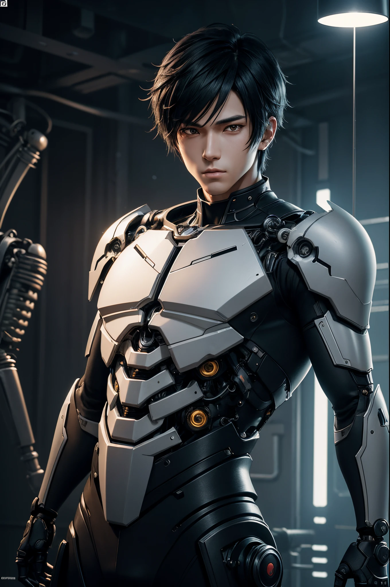 8K、Mechanical Lloyd with short black hair、skeleton mechanical roid boy、boy with exposed skeleton、Detailed Digital Anime Art、Mechanical Lloyd under maintenance、Connect to many tubes、Glowing LEDs(effect)U3D rendering character art 8K、Photorealistic anime boy rendering、8K high-quality detail art、2。5 d cgi anime fantasy artwork、handsome boy mechanical roid、Guweiz style artwork,超A high resolution,Ultra-realistic texture,